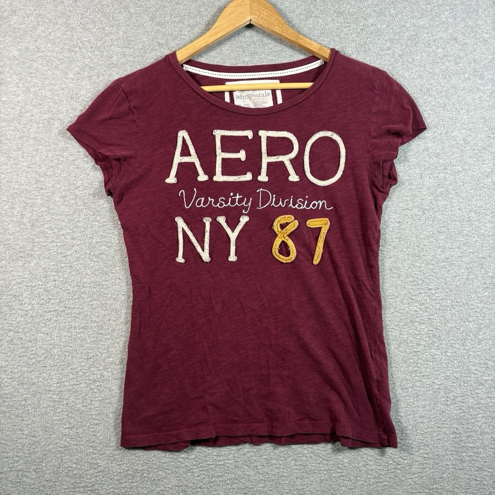 Vintage Aeropostale Shirt Womens XL Maroon Y2K Varsity NY 87 Applique Baby Tee